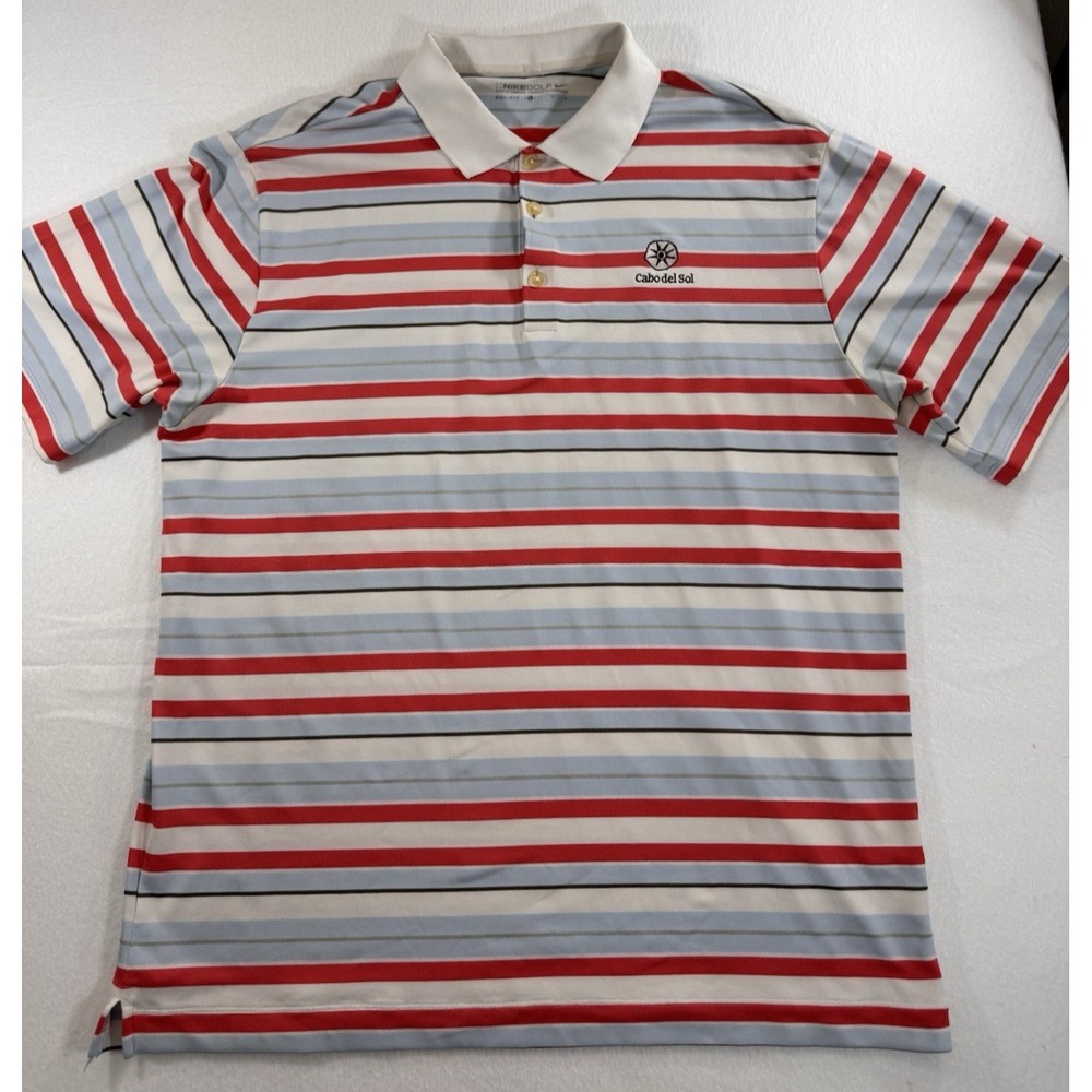 Nike Golf Dri Fit Mens Polo L Red White Blue Striped Cabo Del Sol Embroidered
